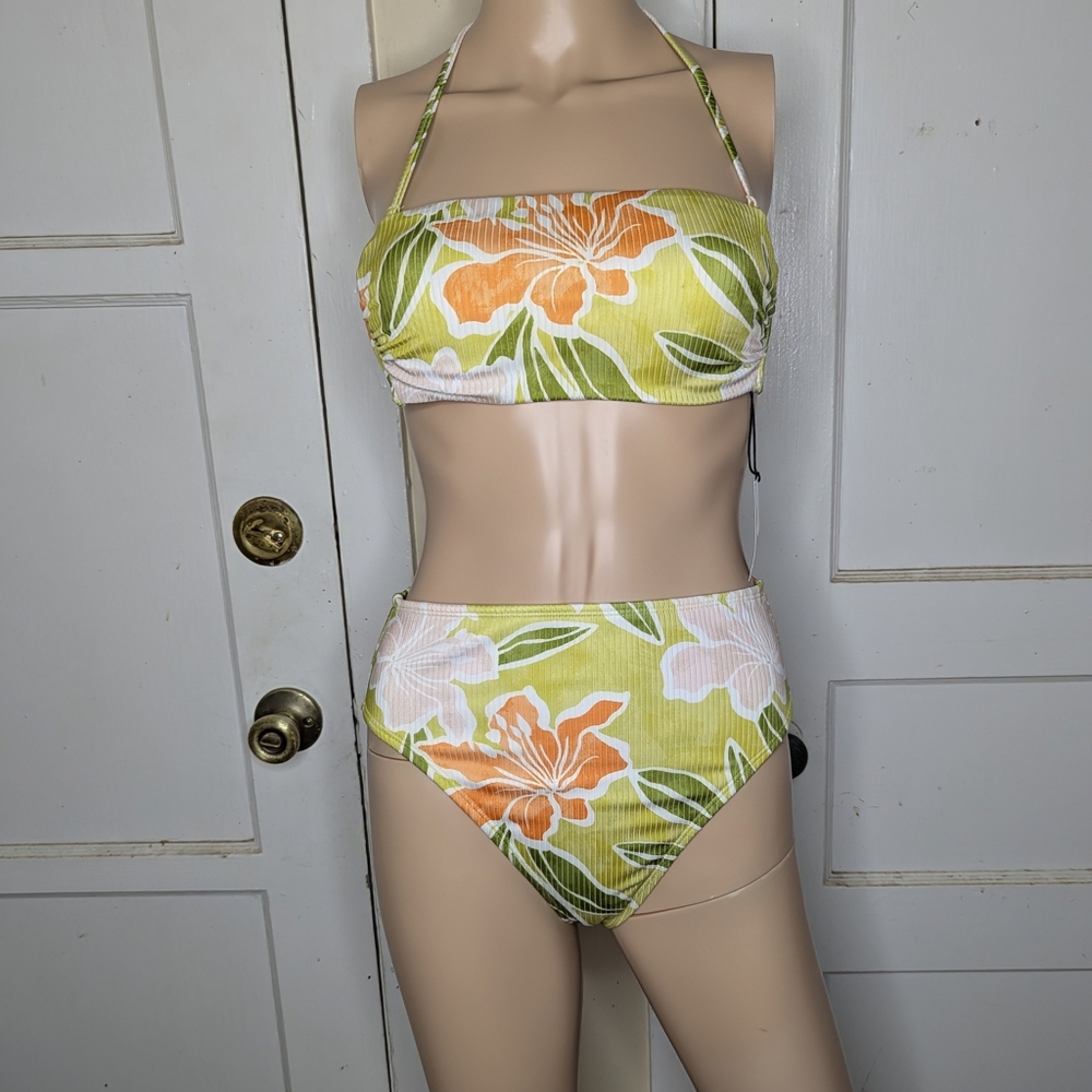 Shade & Shore Floral High-Waist Bikini Set in Lime & Orange Size Small